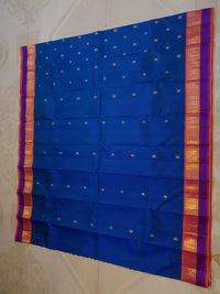 3G Pure Zari Kanjivaram Silk Saree in Royal Blue with Peach and Orange Contrast Border | Silkmark Certified