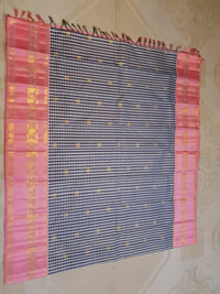 2G Pure Korvai  Kanjivaram Silk Saree in Black and White Checks with Mayil Chakkara Buttas and Contrast Pink Zari Border | Silkmark Certified