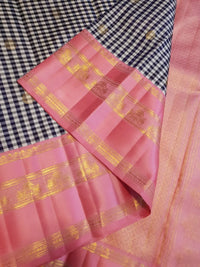 2G Pure Korvai  Kanjivaram Silk Saree in Black and White Checks with Mayil Chakkara Buttas and Contrast Pink Zari Border | Silkmark Certified