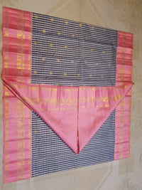 2G Pure Korvai  Kanjivaram Silk Saree in Black and White Checks with Mayil Chakkara Buttas and Contrast Pink Zari Border | Silkmark Certified