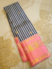 2G Pure Korvai  Kanjivaram Silk Saree in Black and White Checks with Mayil Chakkara Buttas and Contrast Pink Zari Border | Silkmark Certified