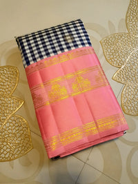 2G Pure Korvai  Kanjivaram Silk Saree in Black and White Checks with Mayil Chakkara Buttas and Contrast Pink Zari Border | Silkmark Certified