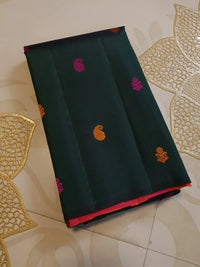 2G Pure Kanjivaram Silk Saree in Dark Green with Multicolour Buttas & Contrast Red Pallu | Silkmark Certified