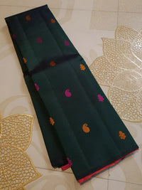 2G Pure Kanjivaram Silk Saree in Dark Green with Multicolour Buttas & Contrast Red Pallu | Silkmark Certified