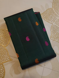 2G Pure Kanjivaram Silk Saree in Dark Green with Multicolour Buttas & Contrast Red Pallu | Silkmark Certified