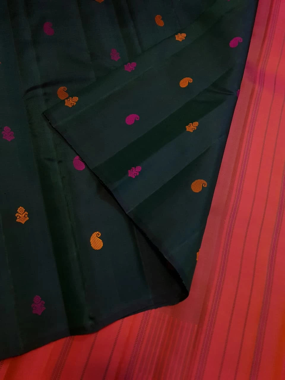 2G Pure Kanjivaram Silk Saree in Dark Green with Multicolour Buttas & Contrast Red Pallu | Silkmark Certified