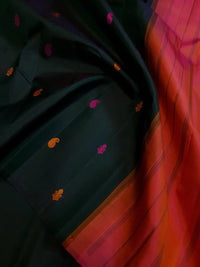 2G Pure Kanjivaram Silk Saree in Dark Green with Multicolour Buttas & Contrast Red Pallu | Silkmark Certified