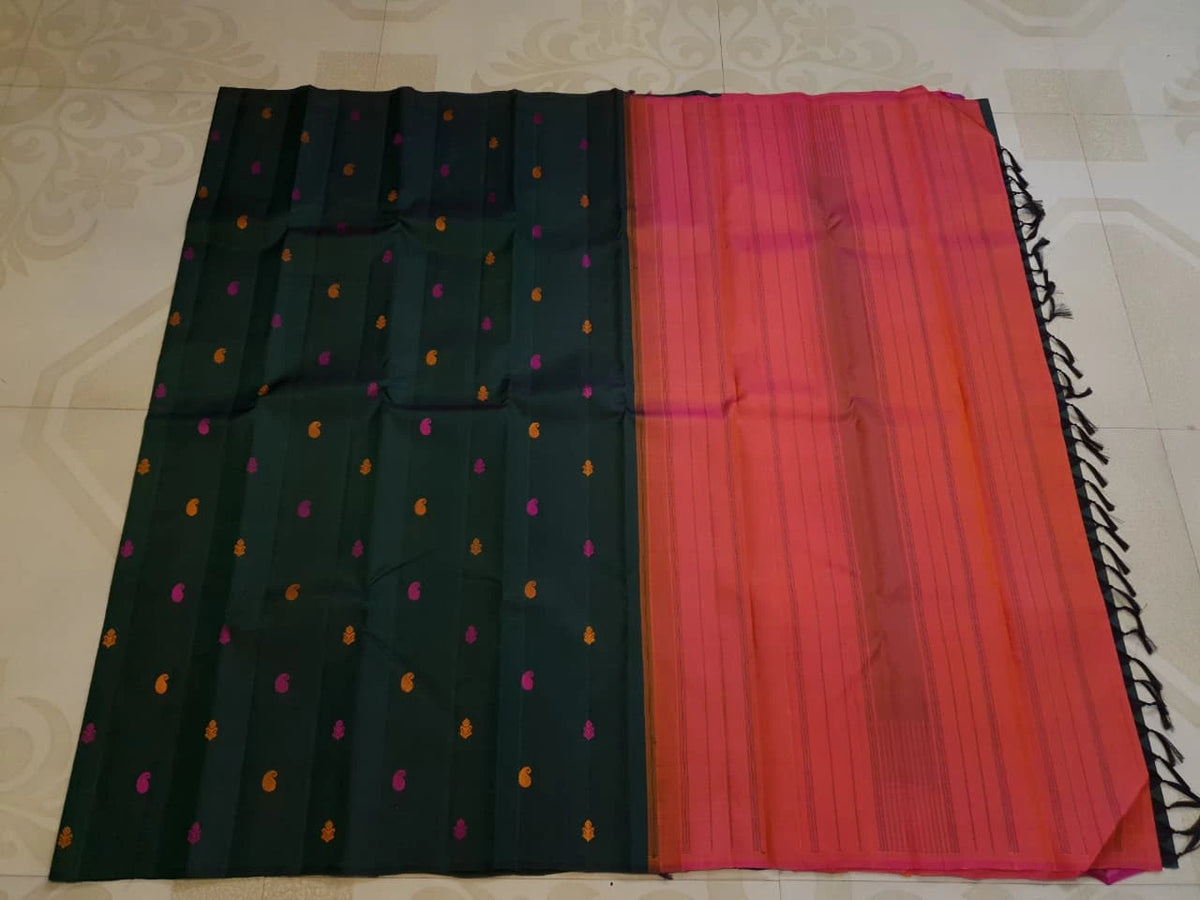 2G Pure Kanjivaram Silk Saree in Dark Green with Multicolour Buttas & Contrast Red Pallu | Silkmark Certified