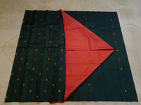 2G Pure Kanjivaram Silk Saree in Dark Green with Multicolour Buttas & Contrast Red Pallu | Silkmark Certified