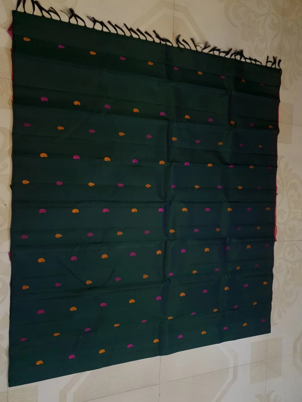 2G Pure Kanjivaram Silk Saree in Dark Green with Multicolour Buttas & Contrast Red Pallu | Silkmark Certified