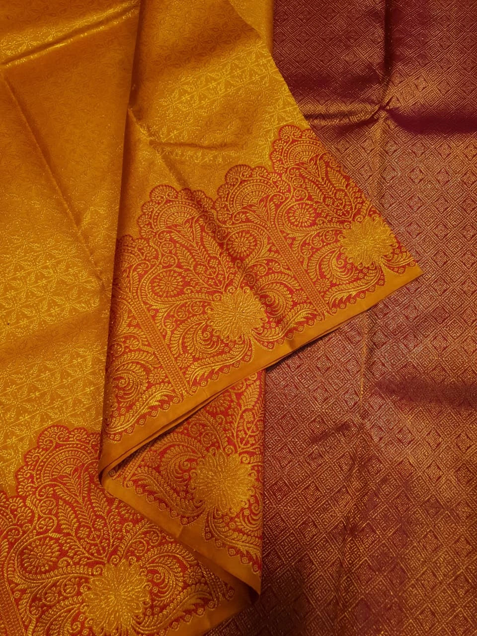 2G Pure Kanjivaram Silk Saree in Mustard Yellow with Rich Floral Paisley Zari Border | Silkmark Certified