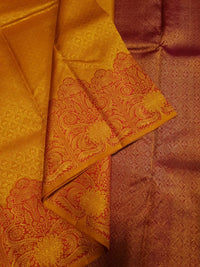 2G Pure Kanjivaram Silk Saree in Mustard Yellow with Rich Floral Paisley Zari Border | Silkmark Certified