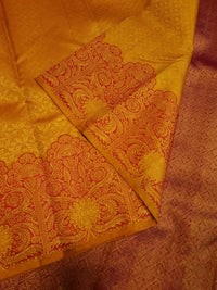2G Pure Kanjivaram Silk Saree in Mustard Yellow with Rich Floral Paisley Zari Border | Silkmark Certified