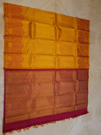 2G Pure Kanjivaram Silk Saree in Mustard Yellow with Rich Floral Paisley Zari Border | Silkmark Certified