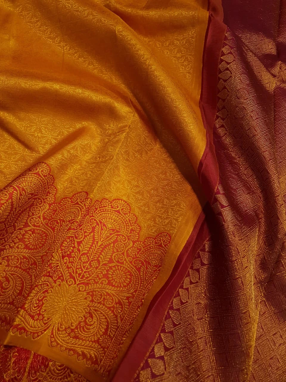 2G Pure Kanjivaram Silk Saree in Mustard Yellow with Rich Floral Paisley Zari Border | Silkmark Certified