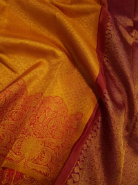 2G Pure Kanjivaram Silk Saree in Mustard Yellow with Rich Floral Paisley Zari Border | Silkmark Certified