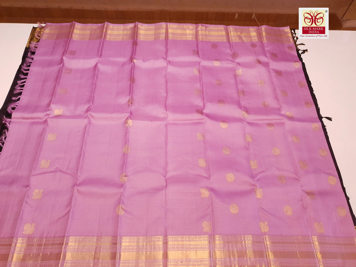 2G Pure Kanjivaram Silk Saree in Lavender Pink with Gold Peacock Buttas & Rich Zari Border | Silkmark Certified