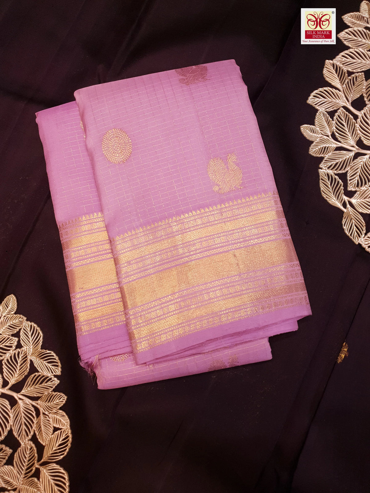 2G Pure Kanjivaram Silk Saree in Lavender Pink with Gold Peacock Buttas & Rich Zari Border | Silkmark Certified