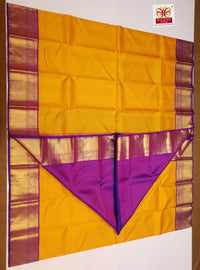 2G Pure Korvai  Kanjivaram Silk Saree in Mustard Yellow with Purple Peacock Zari Border & Rich Pallu | Silkmark Certified