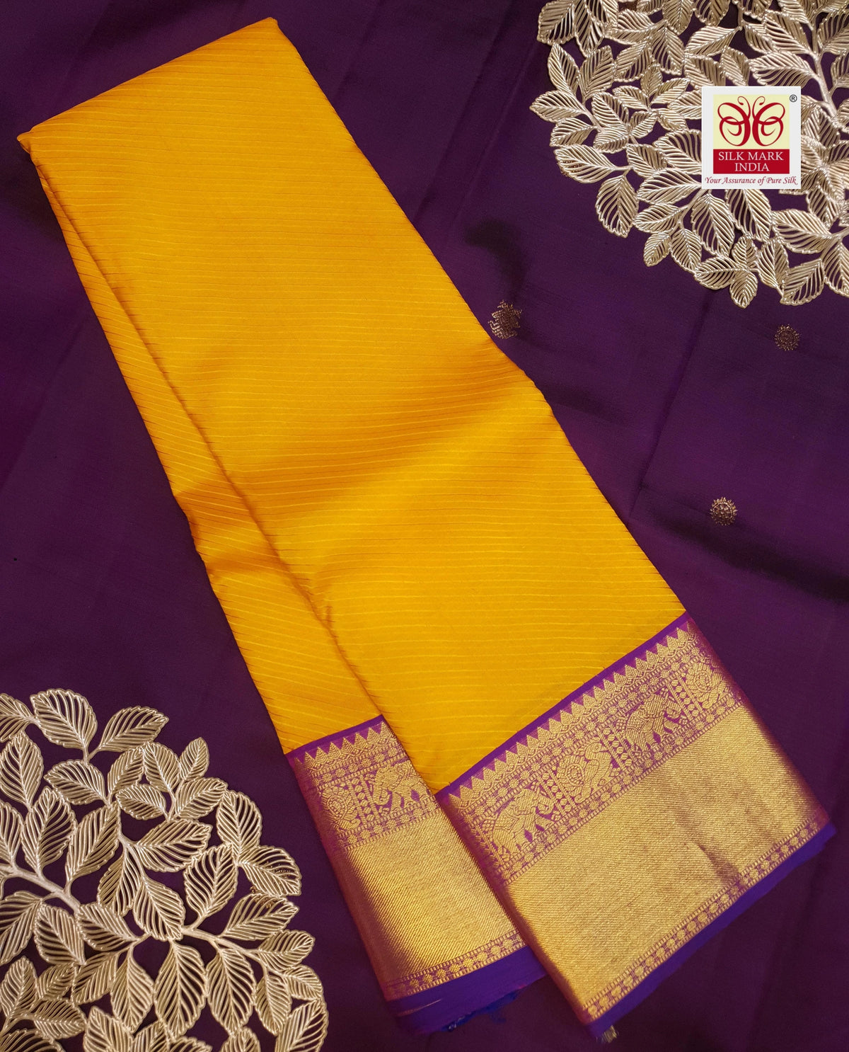 2G Pure Korvai  Kanjivaram Silk Saree in Mustard Yellow with Purple Peacock Zari Border & Rich Pallu | Silkmark Certified
