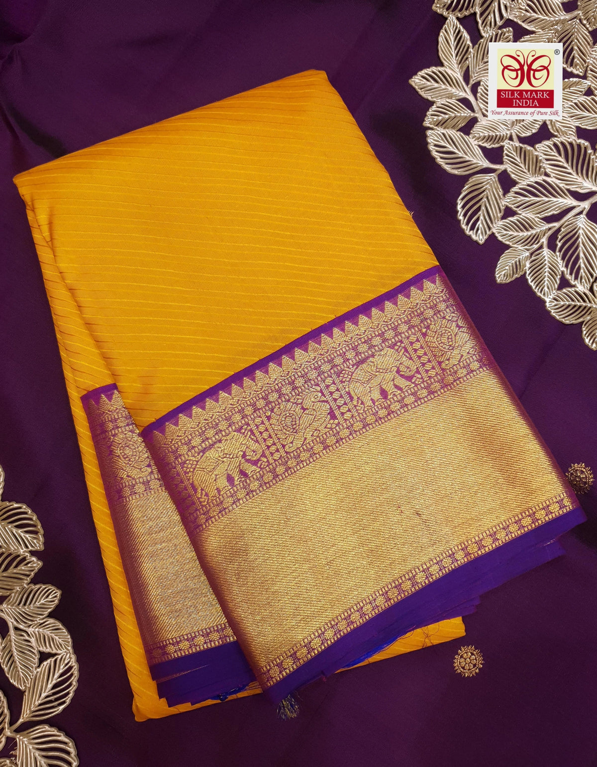 2G Pure Korvai  Kanjivaram Silk Saree in Mustard Yellow with Purple Peacock Zari Border & Rich Pallu | Silkmark Certified