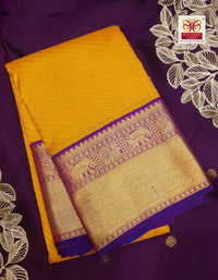 2G Pure Korvai  Kanjivaram Silk Saree in Mustard Yellow with Purple Peacock Zari Border & Rich Pallu | Silkmark Certified