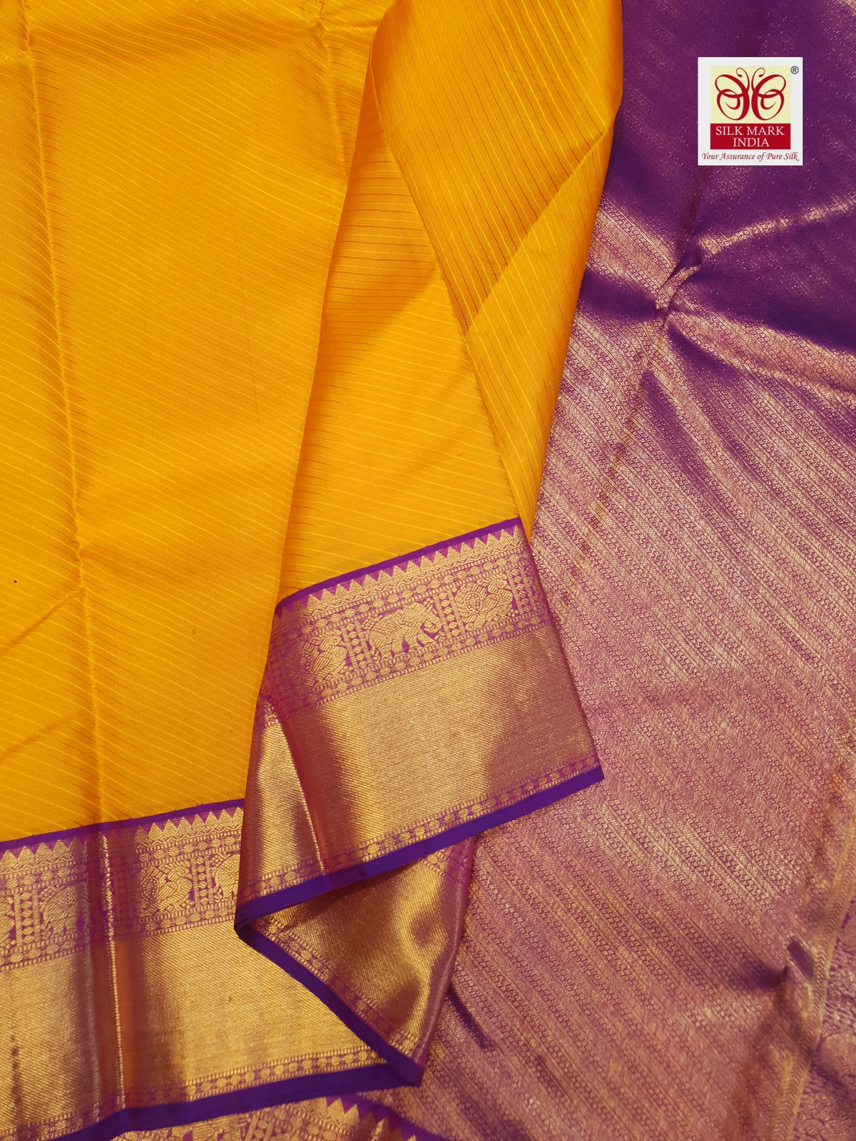 2G Pure Korvai  Kanjivaram Silk Saree in Mustard Yellow with Purple Peacock Zari Border & Rich Pallu | Silkmark Certified