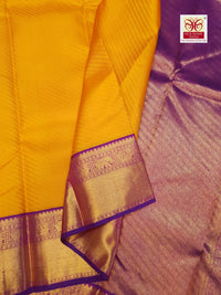 2G Pure Korvai  Kanjivaram Silk Saree in Mustard Yellow with Purple Peacock Zari Border & Rich Pallu | Silkmark Certified