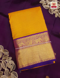 2G Pure Korvai  Kanjivaram Silk Saree in Mustard Yellow with Purple Peacock Zari Border & Rich Pallu | Silkmark Certified