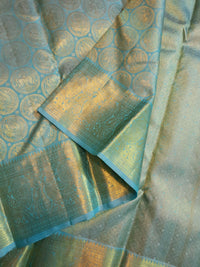 2G Pure Kanjivaram Silk Saree in Sky Blue with Gold Zari Peacock Butta & Rich Zari Border | Silkmark Certified