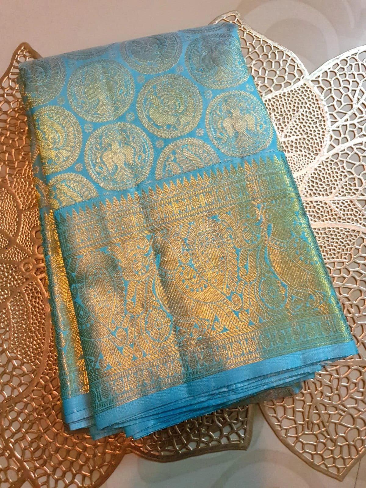 2G Pure Kanjivaram Silk Saree in Sky Blue with Gold Zari Peacock Butta & Rich Zari Border | Silkmark Certified