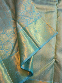 2G Pure Kanjivaram Silk Saree in Sky Blue with Gold Zari Peacock Butta & Rich Zari Border | Silkmark Certified