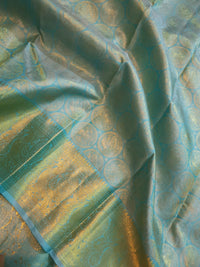 2G Pure Kanjivaram Silk Saree in Sky Blue with Gold Zari Peacock Butta & Rich Zari Border | Silkmark Certified