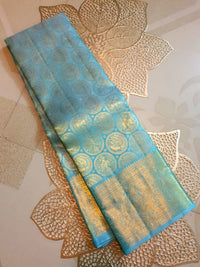 2G Pure Kanjivaram Silk Saree in Sky Blue with Gold Zari Peacock Butta & Rich Zari Border | Silkmark Certified
