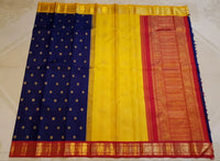 3G Pure Zari Ganga Jamuna Kanjivaram Silk Saree in Navy Blue with Gold Peacock Buttas & Red and Yellow Peacock Border | Silkmark Certified