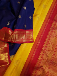 3G Pure Zari Ganga Jamuna Kanjivaram Silk Saree in Navy Blue with Gold Peacock Buttas & Red and Yellow Peacock Border | Silkmark Certified
