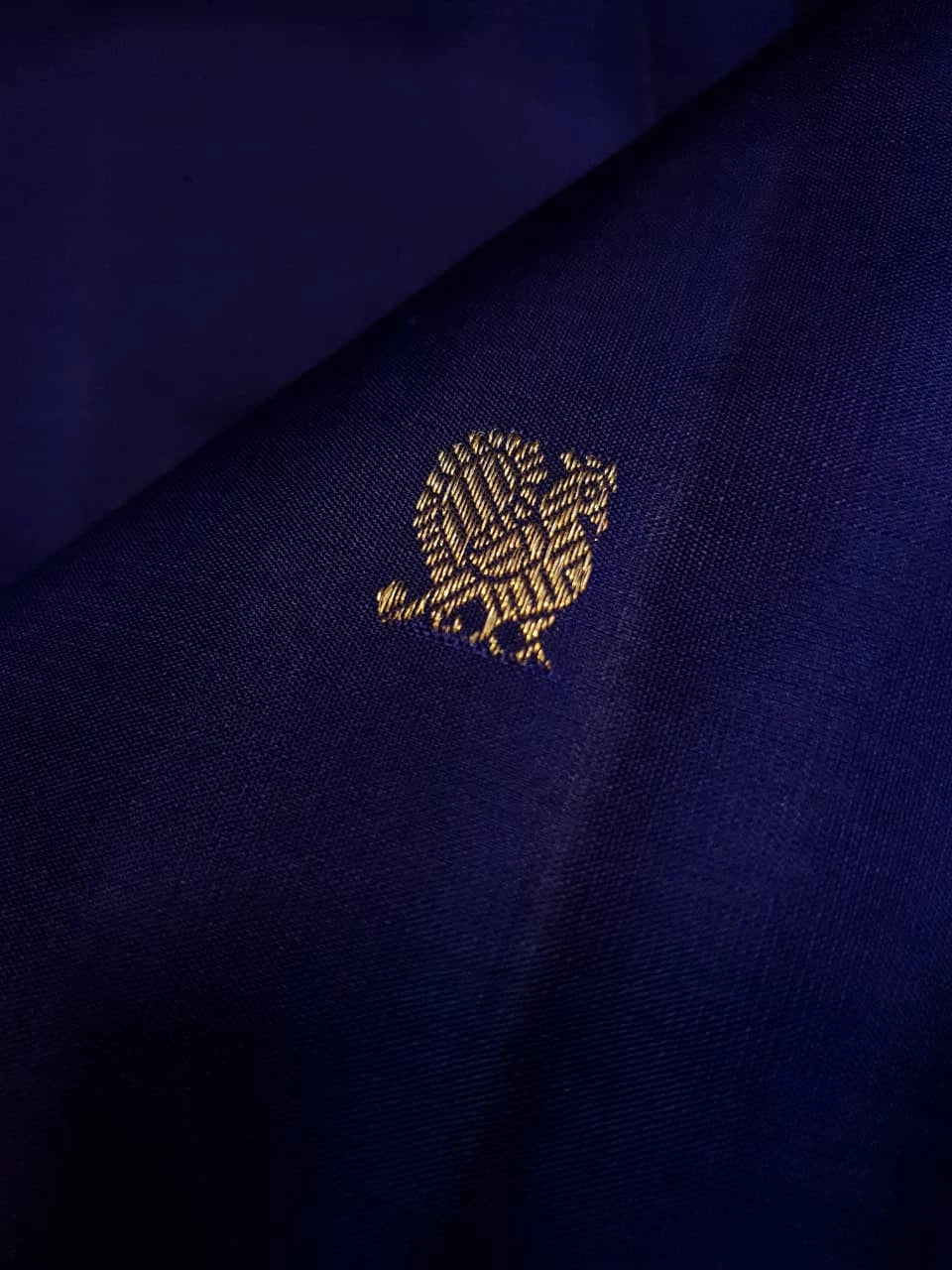 3G Pure Zari Ganga Jamuna Kanjivaram Silk Saree in Navy Blue with Gold Peacock Buttas & Red and Yellow Peacock Border | Silkmark Certified