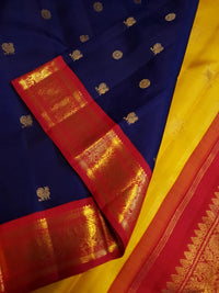 3G Pure Zari Ganga Jamuna Kanjivaram Silk Saree in Navy Blue with Gold Peacock Buttas & Red and Yellow Peacock Border | Silkmark Certified