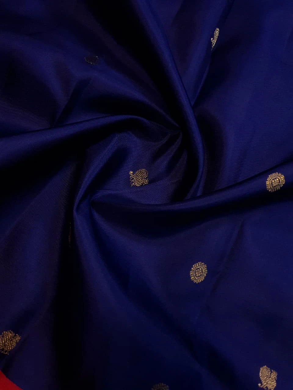 3G Pure Zari Ganga Jamuna Kanjivaram Silk Saree in Navy Blue with Gold Peacock Buttas & Red and Yellow Peacock Border | Silkmark Certified
