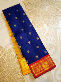 3G Pure Zari Ganga Jamuna Kanjivaram Silk Saree in Navy Blue with Gold Peacock Buttas & Red and Yellow Peacock Border | Silkmark Certified