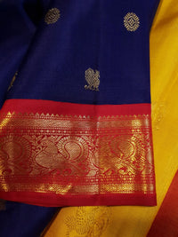 3G Pure Zari Ganga Jamuna Kanjivaram Silk Saree in Navy Blue with Gold Peacock Buttas & Red and Yellow Peacock Border | Silkmark Certified
