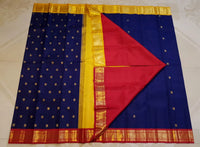 3G Pure Zari Ganga Jamuna Kanjivaram Silk Saree in Navy Blue with Gold Peacock Buttas & Red and Yellow Peacock Border | Silkmark Certified