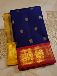 3G Pure Zari Ganga Jamuna Kanjivaram Silk Saree in Navy Blue with Gold Peacock Buttas & Red and Yellow Peacock Border | Silkmark Certified