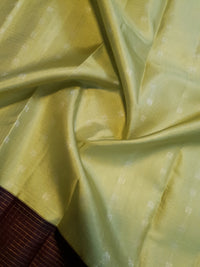 2G Pure Kanjivaram Silk Saree in Pastel Green with Contrast Wine Purple Border & Silver Zari Buttas | Silkmark Certified