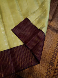 2G Pure Kanjivaram Silk Saree in Pastel Green with Contrast Wine Purple Border & Silver Zari Buttas | Silkmark Certified
