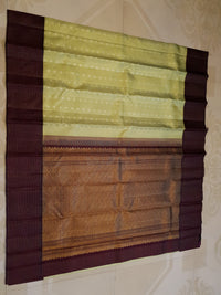 2G Pure Kanjivaram Silk Saree in Pastel Green with Contrast Wine Purple Border & Silver Zari Buttas | Silkmark Certified
