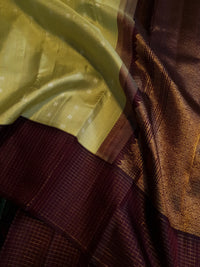 2G Pure Kanjivaram Silk Saree in Pastel Green with Contrast Wine Purple Border & Silver Zari Buttas | Silkmark Certified