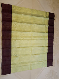 2G Pure Kanjivaram Silk Saree in Pastel Green with Contrast Wine Purple Border & Silver Zari Buttas | Silkmark Certified