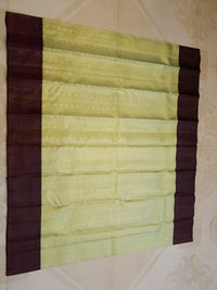 2G Pure Kanjivaram Silk Saree in Pastel Green with Contrast Wine Purple Border & Silver Zari Buttas | Silkmark Certified