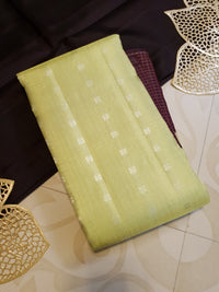 2G Pure Kanjivaram Silk Saree in Pastel Green with Contrast Wine Purple Border & Silver Zari Buttas | Silkmark Certified